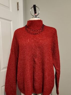Cozy Red Turtleneck Cable Knit Sweater